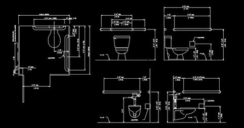 Detalles de dimensiones baños discapacitados AutoCAD dwg con accesorios