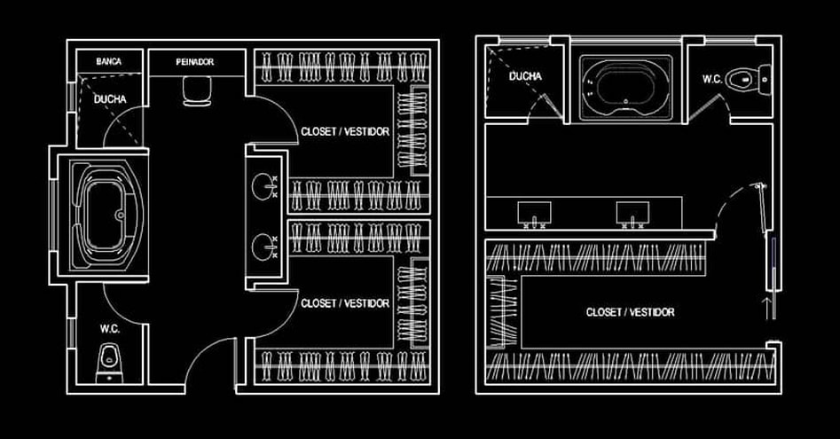 Planos diseños de baño con jacuzzi, closet en AutoCAD dwg CAD blocks