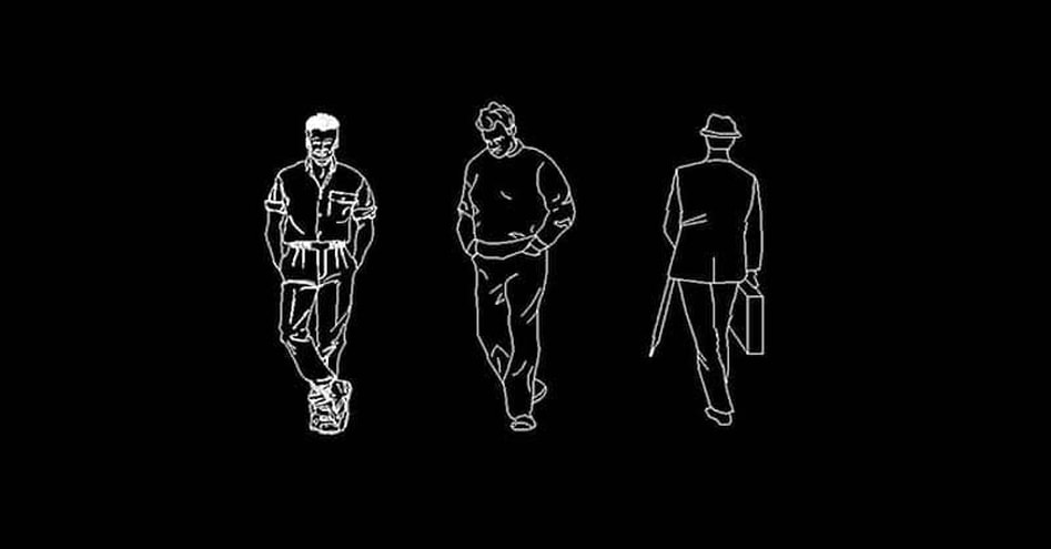 3 Hombres personas siluetas en AutoCAD dwg caminando​ CAD blocks​