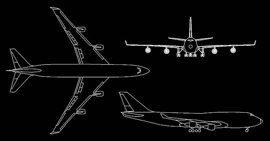 Bloque AutoCAD de Avión Boeing 747 en planta y alzado​ 2D DWG