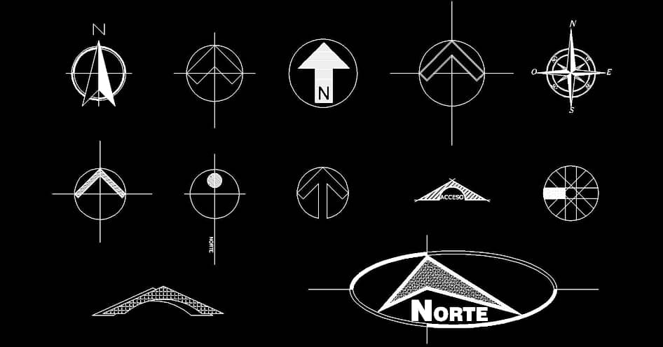 12 Bloques de símbolos de norte en AutoCAD CAD Blocks dwg 2d